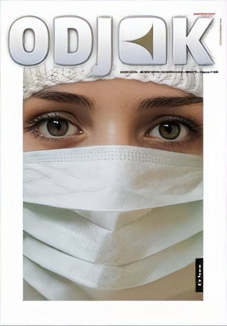 An enhanced color image of the cover of the 2010 edition of "Odjek" with a brown eyed exposed female wearing a white surgical mark used to visually identify it.