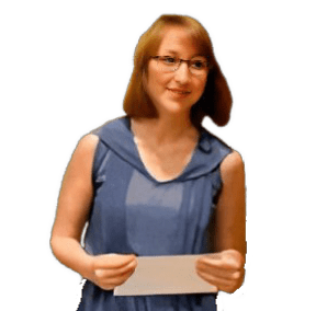 A enhanced color photographic upper torso and headshot cutout of Anna Pilar Ortin Nadal with glasses and wearing a blue and gray dress while holding a white piece of paper in her hands at her waist used for visually identifying her.