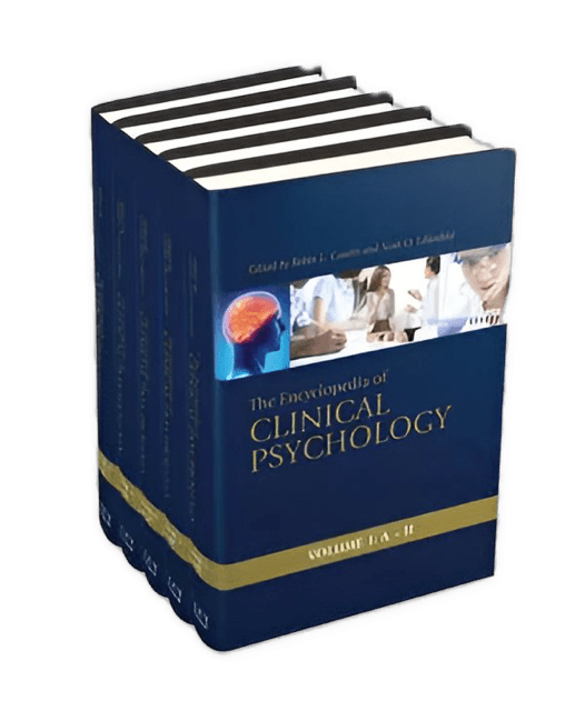 An enhanced dark blue five volume photographic cutout of "The Encyclopedia of Clinical Psychology" with a gold band towards the bottom edited by Robin L. Cautin and Scott O. Lilienfeld used to visually identify it.
