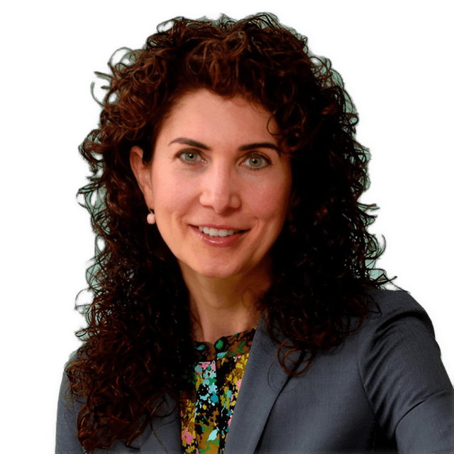 An enhanced color photographic headshot cutout of Robin L. Cautin with shoulder length dark brown hair and wearing a colorful shirt under a dark gray jacket used to visually identify her.