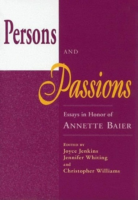 A mostly maroon with  orange in part of the title font of the book cover of "Persons and Passions: Essays in Honor of Annette Baier" edited by Joyce Jenkins, Jennifer Whiting, and Christopher Williams used to visually identify it.