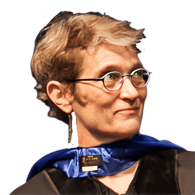 An enhanced color photographic headshot cutout of Jennifer Whiting with glasses wearing an academic robe over a black v-neck shirt and a blue sash around her neck used to visually identify her.