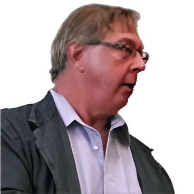 An enhanced color  photographic headshot cutout of Peter K. Machamer turned to his left with glasses and wearing a purple collared shirt under a dark gray suit coat used to visually identify him.