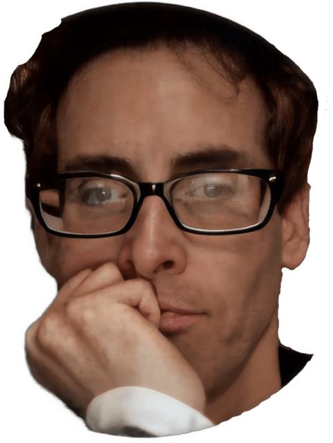 An enhanced and colorized photographic headshot cutout of a glasses wearing Kurt D. Smith with his hand folded up under his chin on his right side with a white sleeve showing used to visually identify him.