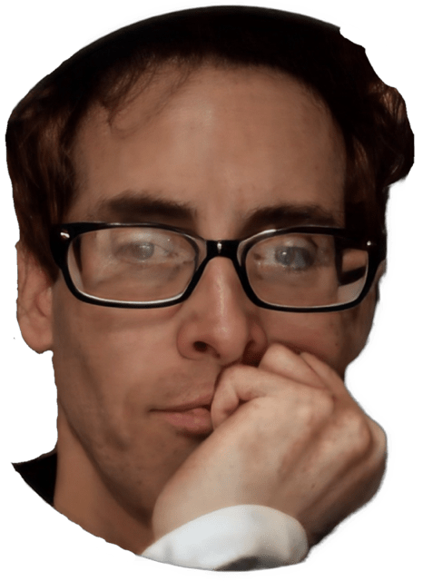 A reversed enhanced and colorized photographic cutout of a glasses wearing Kurt D. Smith with his hand folded up under his chin on his left side with a white sleeve showing used to visually identify him.