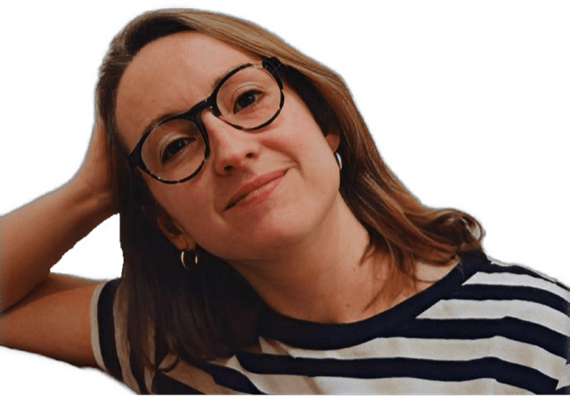 A enhanced color photographic headshot cutout of Anna Pilar Ortin Nadal with glasses and wearing a black and white wide horizontal striped shirt with a rounded collar and her right arm bent at elbow with her right hand on her head used for visually identifying her.