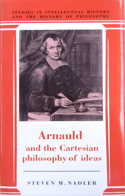 An enhanced photographic headshot cutout of the red and white book cover of "Arnauld and the Cartesian philosophy of ideas" by Steven M. Nadler used to visually identify it.