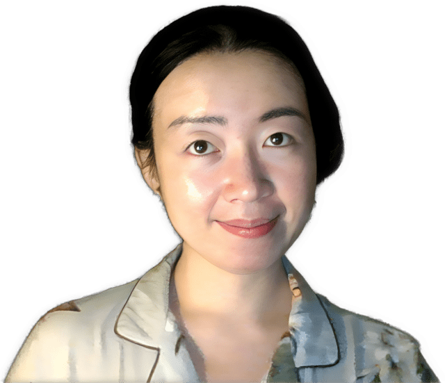 A reversed enhanced color photographic headshot cutout of Vanessa Sun wearing a soft shirt with a notched collar shirt with a blue left collar used to visually identify her.