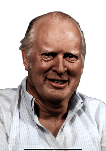 A reversed enhanced colorized photographic headshot cutout of Michael Scriven wearing a white open collared shirt used to visually identify him.