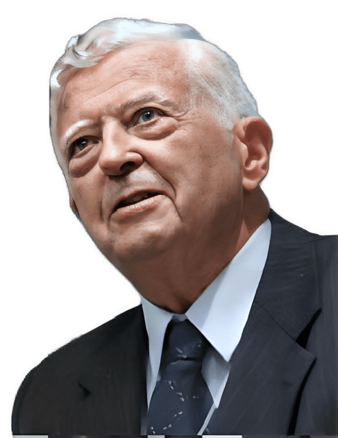 A reversed enhanced colorized photographic upper torso and headshot cutout of Herbert Feigl with a dark blue tie, light blue or white shirt, and a dark gray suit coat with his head held up used to visually identify him.