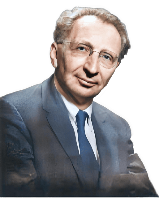 A reversed enhanced colorized photographic upper torso and headshot cutout of a glasses wearing Herbert Feigl blue tie, white shirt, and a dark gray suit coat used to visually identify him.