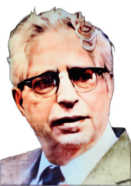 An enhanced colorized photographic headshot cutout of a glasses wearing Robert G. Colodny with a sport coat and tie used to visually identify him. 