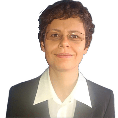 A reversed enhanced color photographic headshot cutout of Andreea Mihali with glasses and wearing a white broad. ollard shirt under a black dress jacket used to visually identify her.