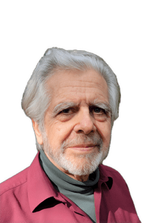 An enhanced color photographic headshot cutout of Ronald de Souza with gray hair, beard, and mustache and wearing a gray turtleneck shirt under a red collared shirt used to visually identify him.
