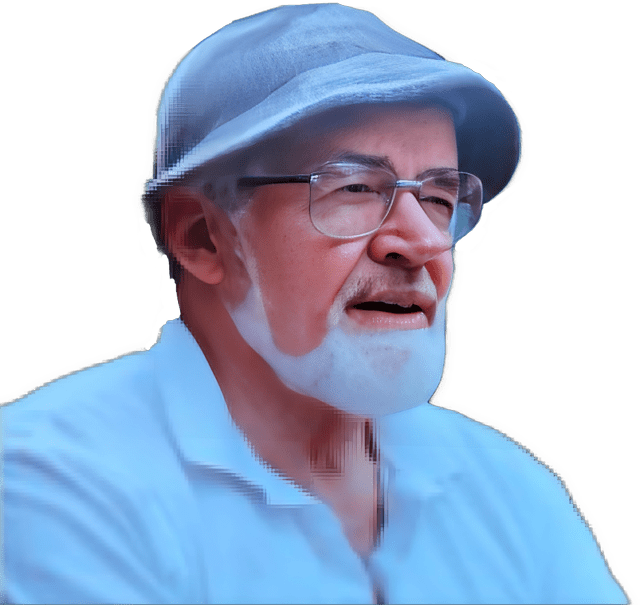 An enhanced colorized photographic cutout headshot of an old and white bearded glasses wearing Jonathan Bennett with a collared blue shirt and blue floppy hat turned to his left used to visually identify him.