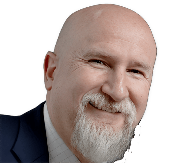 A reversed enhanced photographic headshot cutout of a smiling Willem A. Decries with a gray goatee and mustache and wearing a grided white shirt and dark blue suit coat is used for visual identification.