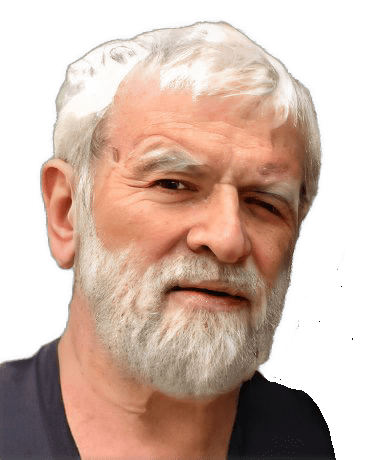 This is an enhanced color photographic headshot cutout of Andrew Chrucky, who has a full gray beard and mustache and is wearing a dark v-neck T-shirt, which is used for visual identification.