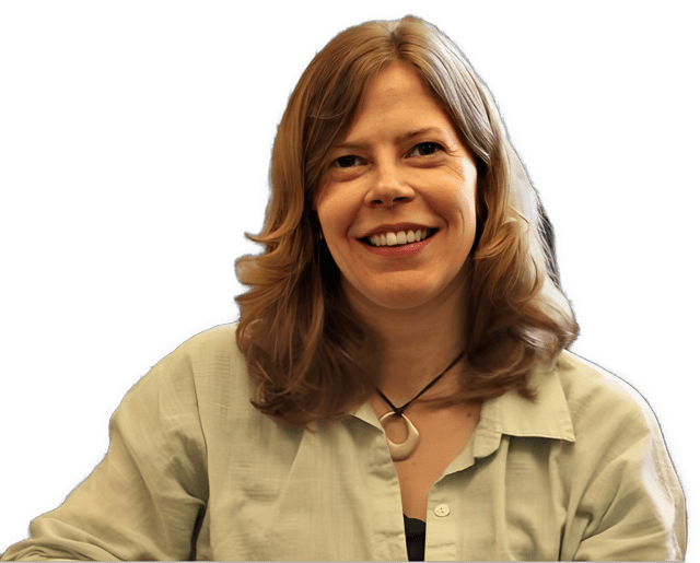 An enhanced colorized photographic headshot cutout of a smiling Alison Simmons with a gold metal bangle on a leather string around her neck and wearing a tan open-collared shirt with a round neck black t-shirt underneath it used for visual identification.