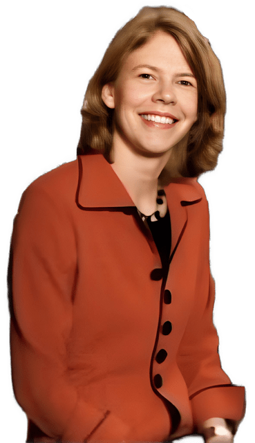 An enhanced color photographic upper torso and headshot cutout of a smiling Alison Simmons wearing a dark orange jacket with black buttons, a black shirt underneath, and a black necklace are used for visual identification.