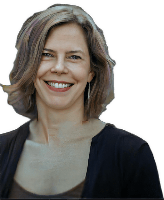 An enhanced color photographic headshot cutout of a smiling Alison Simmons wearing an open, rounded-neck brown shirt under a navy jacket with thin lapels is used for visual identification.