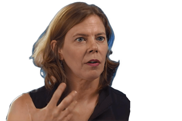 An enhanced colorized photographic headshot cutout of a lecturing Alison Simmons wearing lipstick with her right hand with open fingers gesticulating upwards around her right shoulder and wearing a black v-necked shirt used for visual identification.