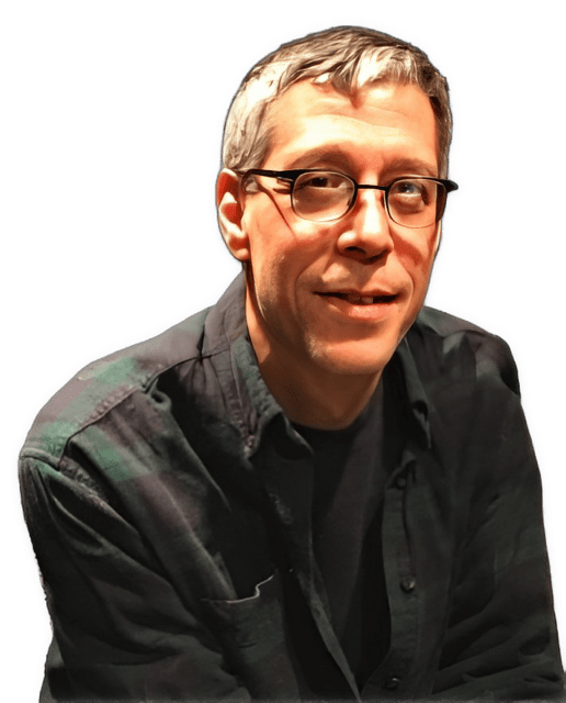 An enhanced colorized photographic headshot cutout of Steven Nadler, wearing glasses and a dark green and dark brown plaid shirt, was used for visual identification.