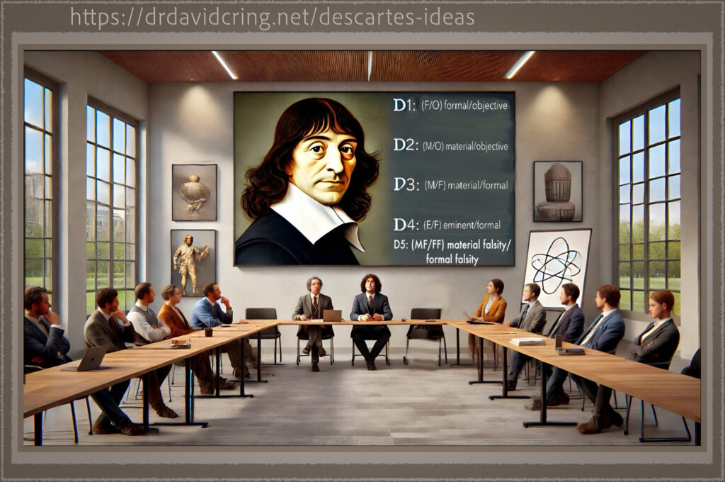 An enhanced computer graphic generated by Dall-E shows contemporary philosophers at a U-shaped table in a large room with floor-to-ceiling windows on both sides. A picture of Descartes on the back wall, with the five distinctions number D1 through D5 to his right on the large blackboard, is used as a featured image.