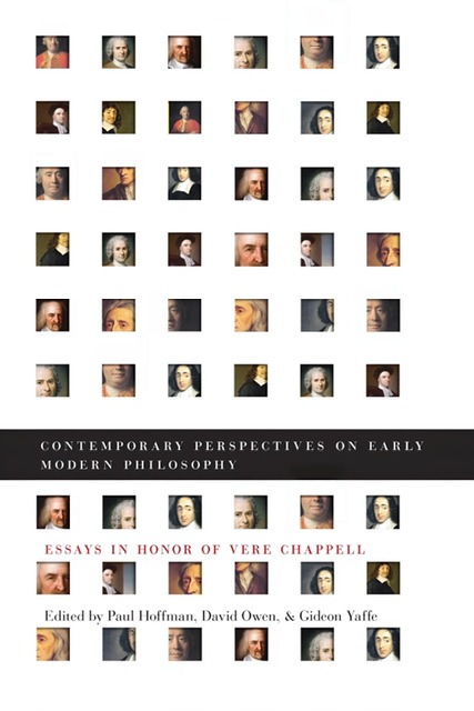 An enhanced white book cover of “Contemporary Perspectives on Early Modern Philosophy: 
Essays in Honor of Vere Chappell” (2008), edited by Paul Hoffman, David Owen, and Gideon Yaff, with a grid pattern containing drawings if the faces of famous philosophers, is used for visual identification.