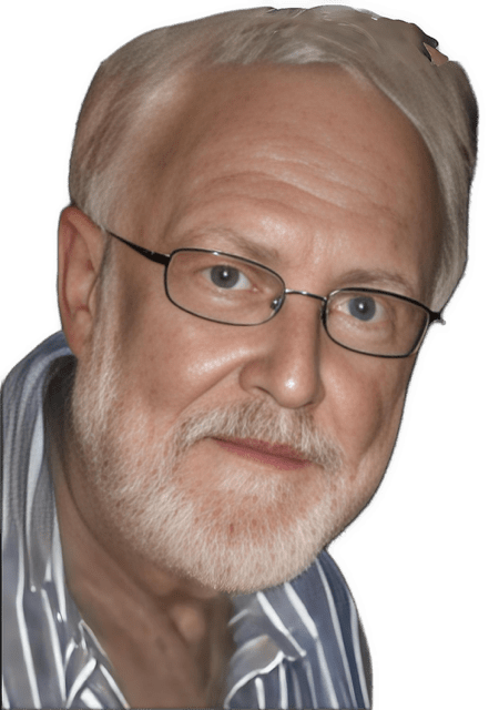 A reversed enhanced colorized photographic headshot cutout of David Owens from the University of Arizona, wearing glasses and a gray with white vertical stripes collared shirt, is used for visual identification.