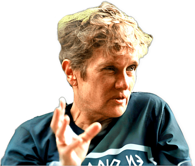 A reversed colorized photographic headshot cutout of Jennifer Whiting wearing a green shirt with white writing on it and her right hand upraised making a point was used for visual identification. 