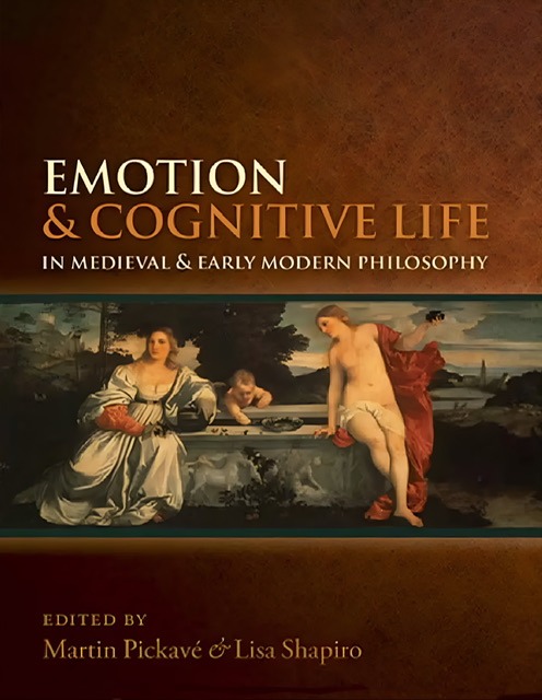 An enhanced brown book cover with a painting of robed or partially nude women of “Emotion & Cognitive Life in Medieval and Early Modern Philosophy,” edited by Martin Pickave and Lisa Shapiro, was used for visual identification.