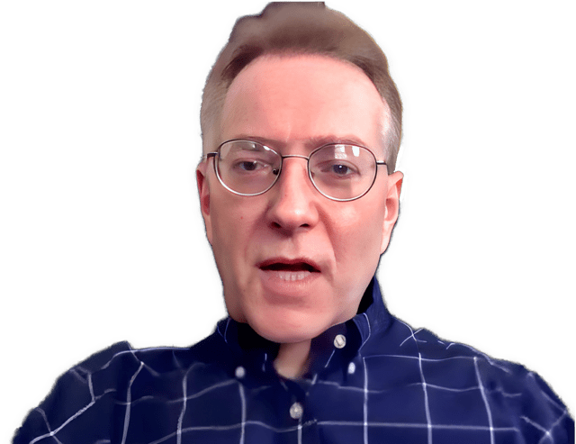 A reversed enhanced color photographic headshot cutout of Edward Slowik, wearing glasses and a blue shirt with a white grid pattern, and was used for visual identification.