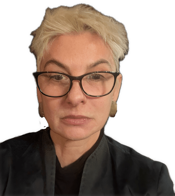 A reversed enhanced color photographic headshot cutout of Rafaella De Rosa, wearing glasses and earrings and a dark gray jacket over a black V-neck shirt, is used for visual identification.