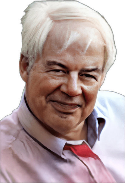 A reversed enhanced colorized photographic headshot cutout of Richard Rorty, with his chin down and wearing a collared shirt open at the neck, is used for visual identification. 