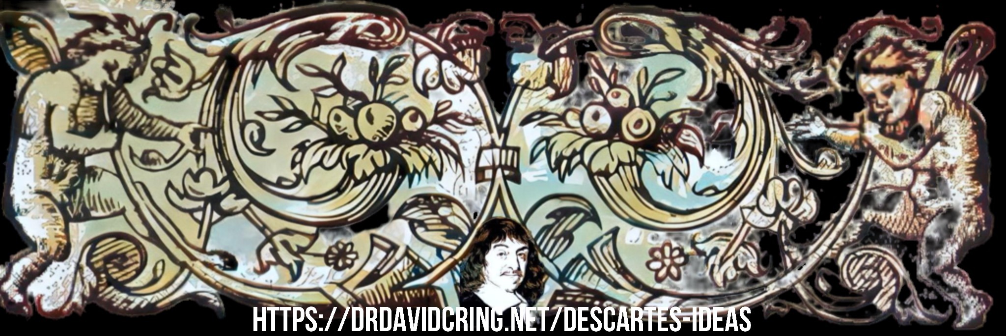 An enhanced, colorized printer’s banner, end of page ornament, scroll, flourish, or vignette of cherubs at either end and Descartes’s head centered low and used to mark the end of the page.