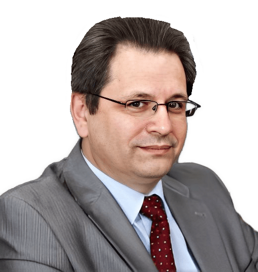 An enhanced color photographic headshot cutout of Yaroslav V. Shramko, wearing glasses, a gray suit, a light blue shirt, and a red tie is used for visual identification.
