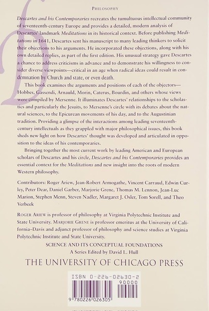The back tan book cover of “Descartes and his Contemporaries: Meditations, Objections and Replies” edited by Roger Ariew and Marjorie Grene is used for visual identification. 