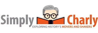 An enhanced white background logo for Simply Charly with those words on either side of a cartoon head with gray hair and black glasses reading an orange cover open book is used for visual identification.
