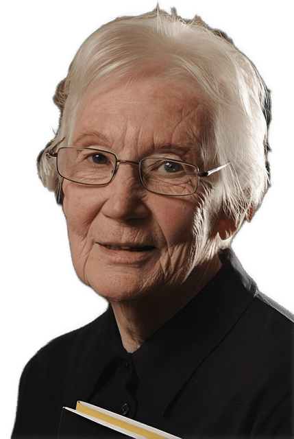 A reversed enhanced color photographic headshot cutout of Annette C. Baier, wearing glasses and a black shirt with her head turned towards the viewer, is used for visual identification.