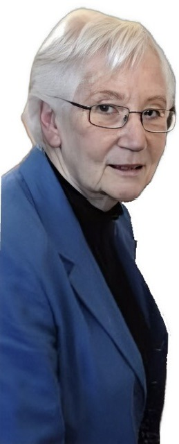 A reversed enhanced color photographic cutout of Annette C. Baier, wearing glasses and a black shirt under a blue jacket in a right profile with her head turned towards the viewer, is used for visual identification.