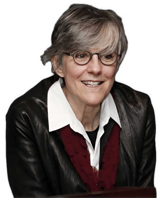 A reversed enhanced photographic upper torso and headshot cutout of Margaret D. Wilson wearing glasses and an oversized collared white shirt with a deep red scarf and a black leather jacket is used for visual identification.