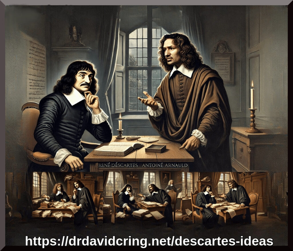 A 3D framed AI-generated color graphic by ChatGPT of René Descartes on the left intently listening to Antoine Arnauld on the right at a desk with three similar depictions underneath the main image is used as a featured image.