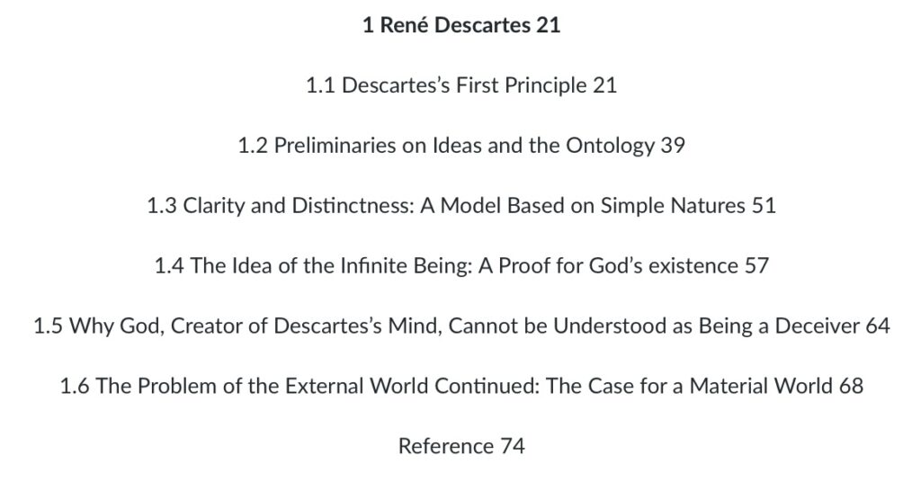 The Table of Contents for Chapter 1, “Descartes,” in Kurt Smith's “This is Modern Philosophy: An Introduction,” (2023) is used for visual identification.