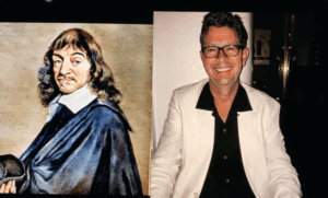 An AI-generated video turned into a .gif of a painting of René Descartes on the left suddenly animated and hugging a man, also animated wearing glasses and a black shirt under a white sports coat, used to show connections between René Descartes and the author of the DTOI blog.