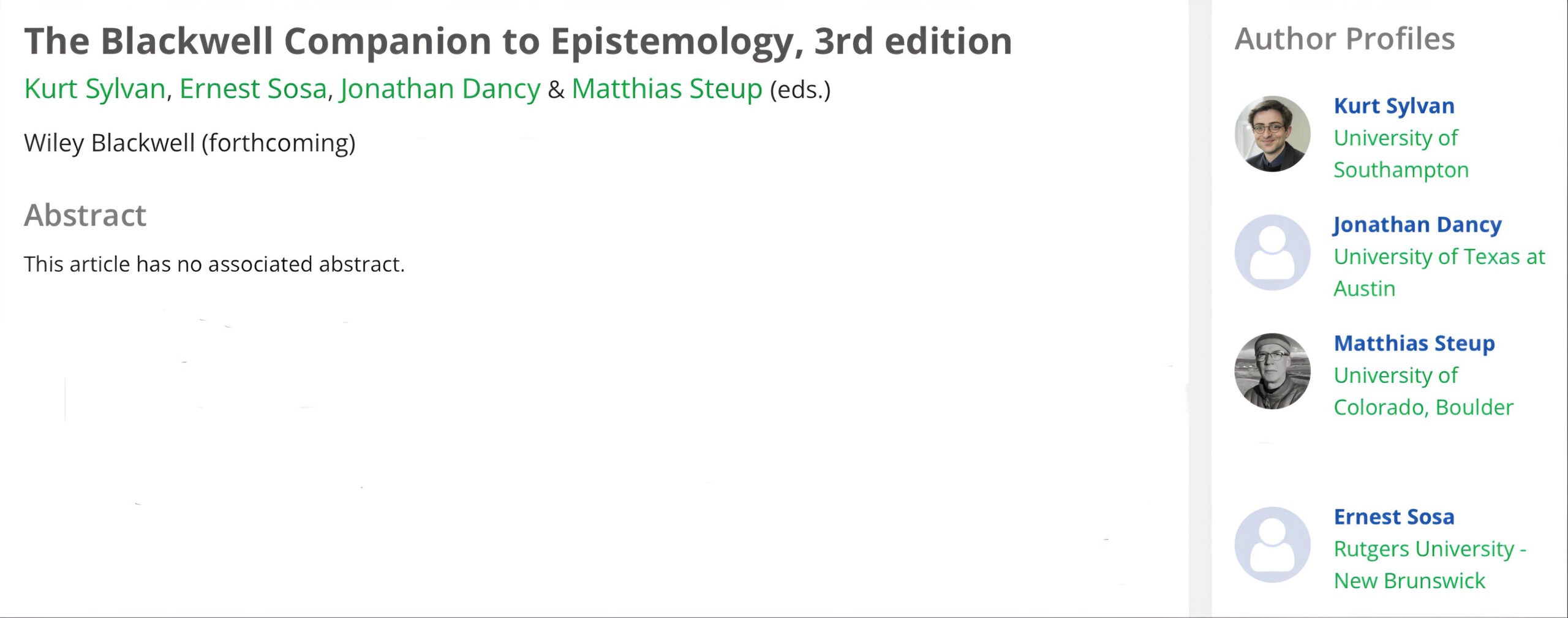 An enhanced color screenshot of the bibliographical entry for "The Blackwell Companion to Epistemology," 3rd edition, edited by Kurt Sylvan, Ernest Sosa, Jonathan Dancy & Matthias Steup (Wiley- Blackwell) (forthcoming).