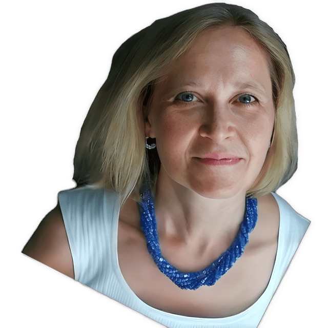 A reversed, enhanced color photographic headshot cutout of Maria Rosa Antognazza wearing a twisted dark blue beads necklace and a light aqua shirt with a deep round collar and two-inch wide shoulder straps is used for visual identification.