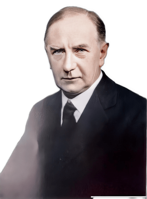 An enhanced colorized photographic upper torso and headshot cutout of Norman Kemp Smith with his right shoulder back in a dark three-piece suit is used for visual identification