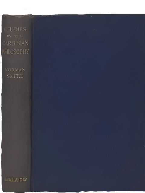 An enhanced 3D color photographic cutout of the blue front book cover and spine of “Studies in the Cartesian Philosophy” (1902) by Norman Kemp Smith is used for visual identification.