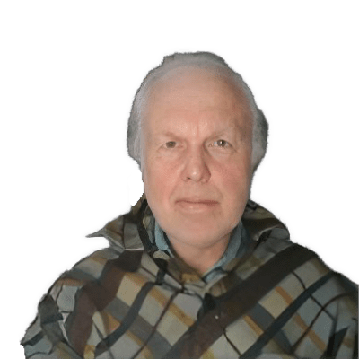 An enhanced color  shoulders and headshot photographic cutout of an unsmiling Erwin Tegtmeier wearing a browns and tans cross-hatched pullover jacket is used for visual identification.