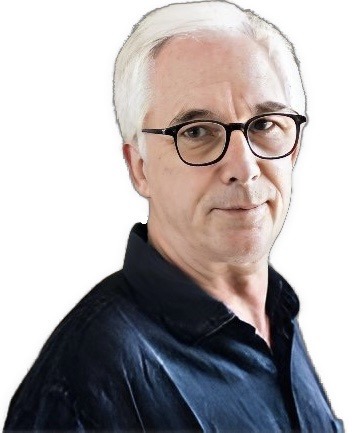 An enhanced color shoulders and head photographic cutout of Denis Kamboucher in a right profile with his head turned towards the viewer wearing glasses and a dark blue collared shirt is used for visual identification.